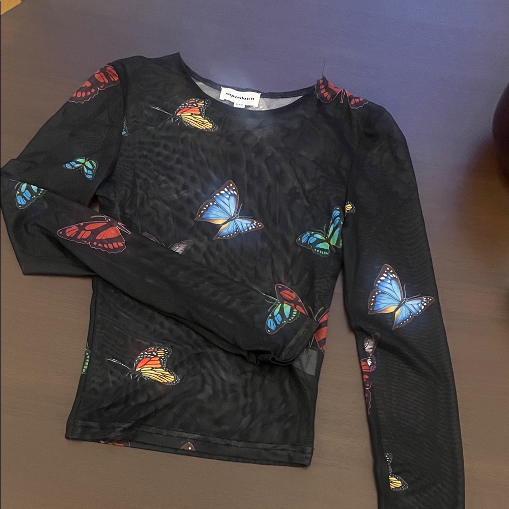 superdown Black Long Sleeve Top with Colorful Butterfly Design